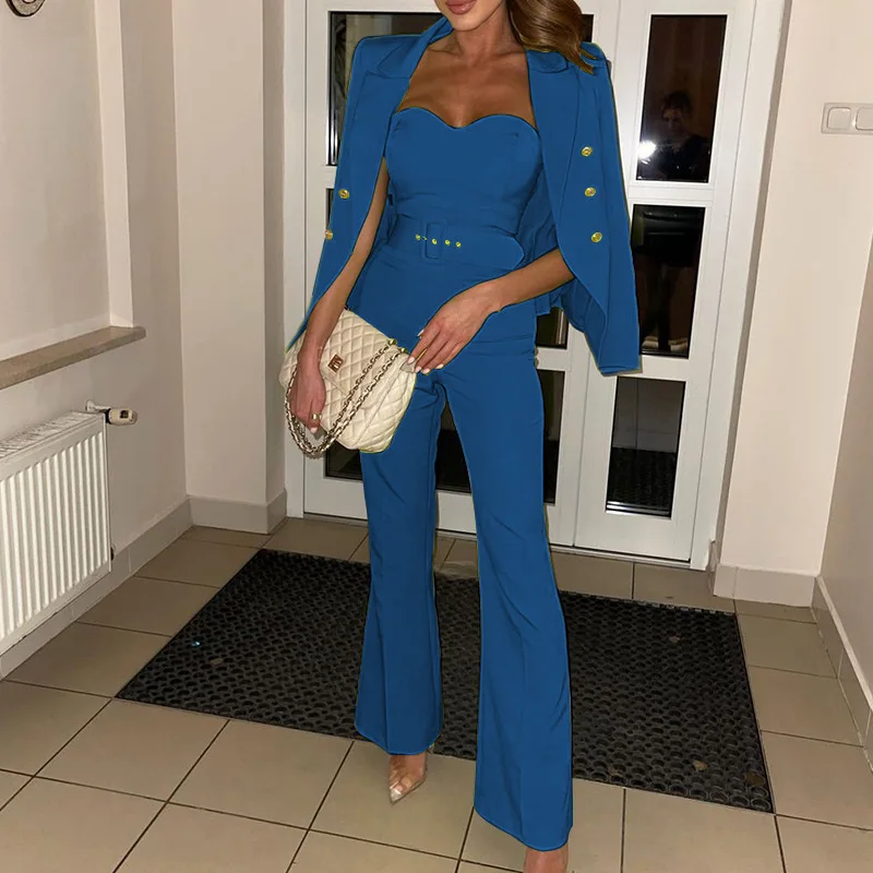 

Женский офисный комплект из двух предметов, блейзер с длинным рукавом и широкими штанинами