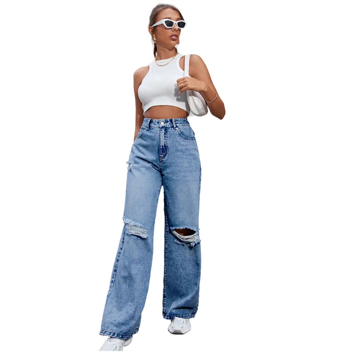 Denim Pants Women Loose Casual Wide Leg Pant Regular Jeans High Wasit Spliced Hole Straight Trousers Office Ladies 2023