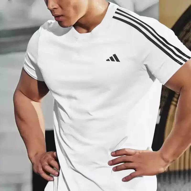 Camiseta Adidas para correr para hombre, ropa deportiva fitness, top transpirable de manga corta con cuello redondo IB8151