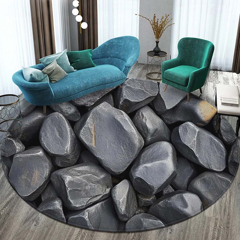2D Visual Grey Stone Rock Round Rug  Natural Stone Texture Circular Non Slip Floor Mat for Living Room Bedroom Decor