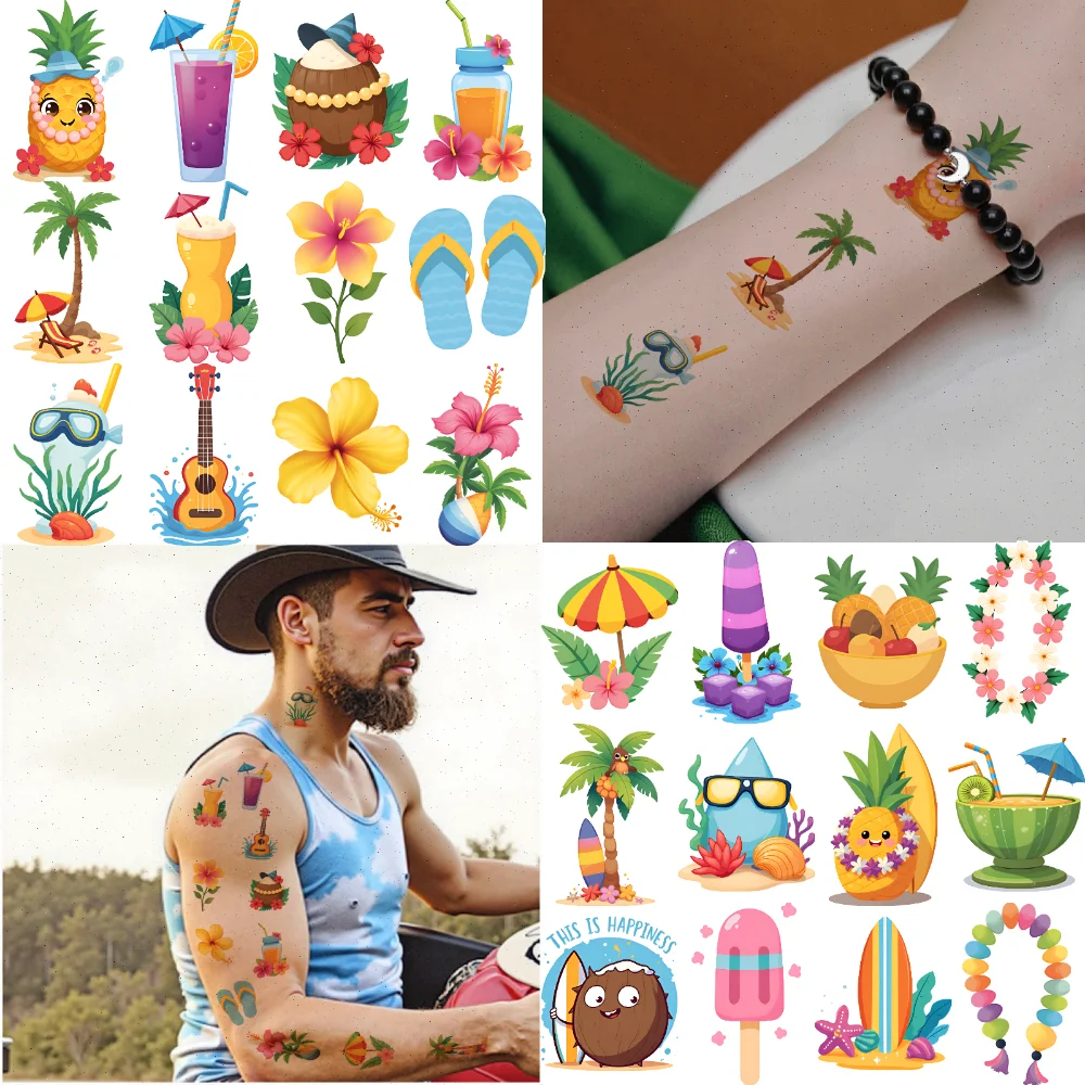 

63pcs Temporary Tattoo Beach Symbols Temporary Tattoo Stickers Tropical Icons Waterproof Long-lasting Body Stickers For