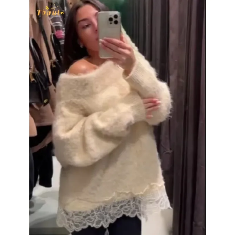 

Вязаный свитер с кружевными вставками для женщин, шикарный, с длинными рукавами, косым воротником, асимметричным подолом, свободный крой, весна-осень 2026