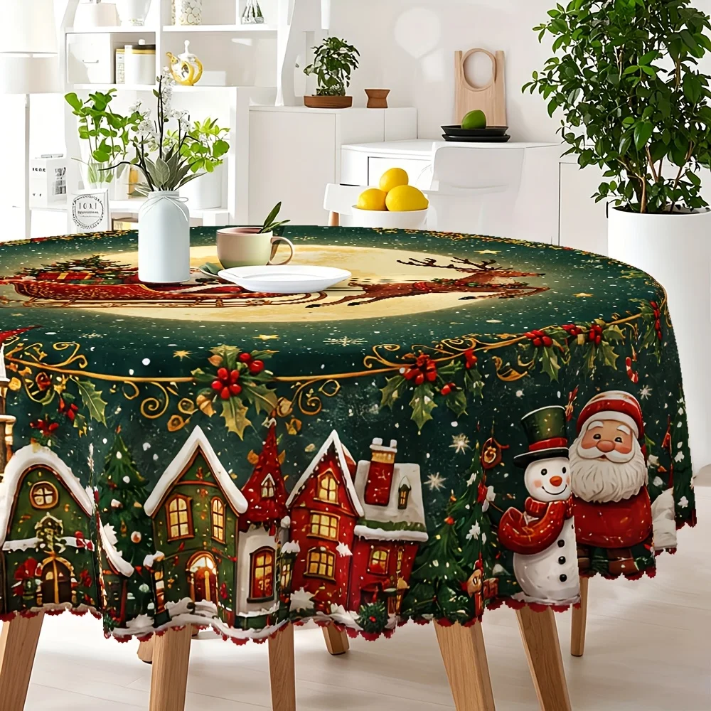 Round/rectangular tablecloth, Santa Claus, Christmas snowman, reindeer print