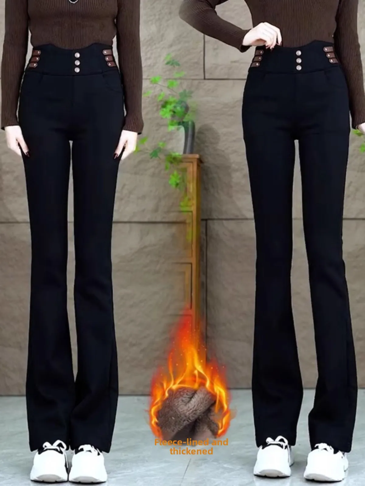

High Waist Fce Lined Bootcut Jeans Women's Winter Thiened Casual Pants Button Design Elastic Warm Trendy Denim Trousers