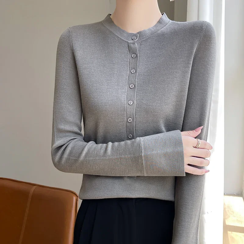 Women Thin Sweater Button Half Open Collar Pullover Winter Knitted Long Sleeve Slim Round Neck Tops 2024 Ladies Casual Soft Warm