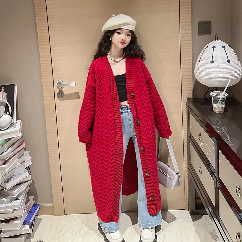 teen Girls long Cardigan Autumn Winter Fashion Mid-length Knitwear Kids Sweater Outerwear 12 13 14 Years Children Casual Coats