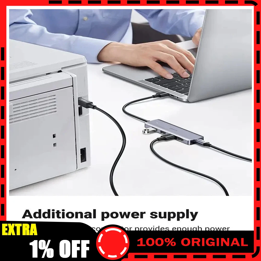 UGREEN 50985 4 Port USB 3.0 Hub Ultra Slim USB A Splitter with Auxiliary Power Port for Laptop PC MacBook Flash Drive HDD