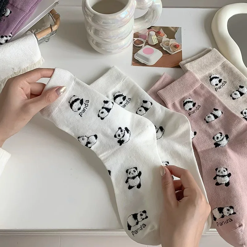 

3 Pairs Women's Socks Set Korean Cartoon Cute Mid Tube Panda Kawaii Sweet Preppy Style Socks Comfortable Soft Cotton Socks