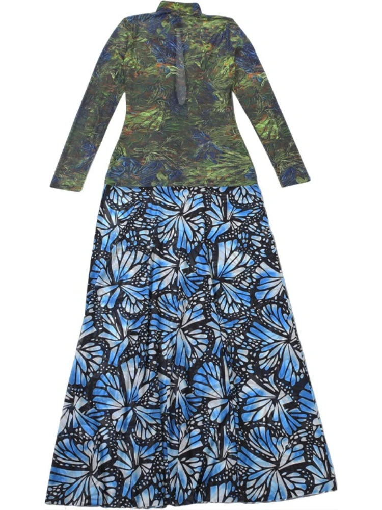 SsTss 2025 nueva moda vestido Maxi estampado mujer Sexy Stand Color manga larga recortado ajustado abertura larga malla Patchwork vestido de fiesta