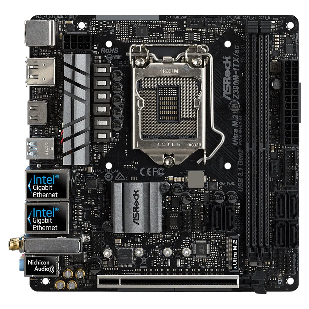 لوحة أم Asrock Z390M-ITX/ac مستعملة LGA1151 2x DDR4 64G SATA3 6Gb/s LAN لاسلكي WiFi ITX Z390M M.2 NVMe