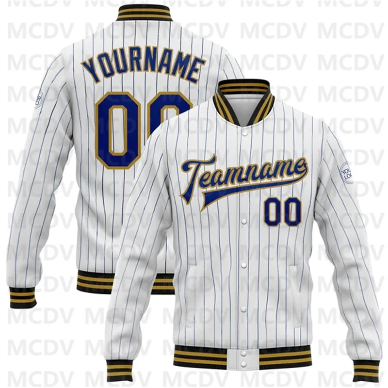 

Custom White Royal Pinstripe Old Gold-Black Bomber Full-Snap Varsity Letterman Jacket 3d Printed Baseball Button Jacket