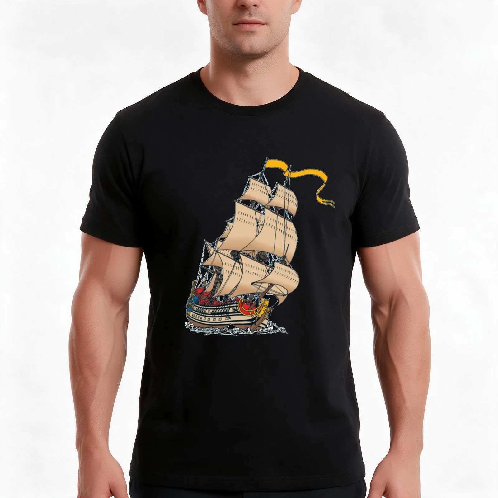 Sailing ship La Licorne, color picture T-Shirt, Summer Casual Cotton Tee, Oversized Streetwear Tops, Vintage Graphic Print