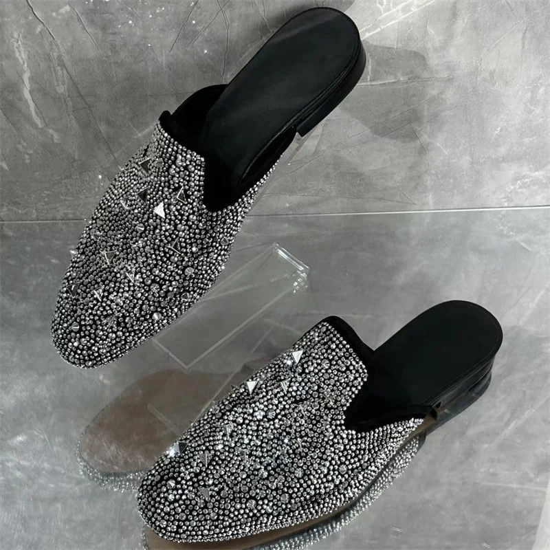 

Silver Rhinestone Slippers Outdoor Men's Half Shoes Luxury Full Diamonds Blingbling Flat Shoe Slip-On Men Comfortable Loafers