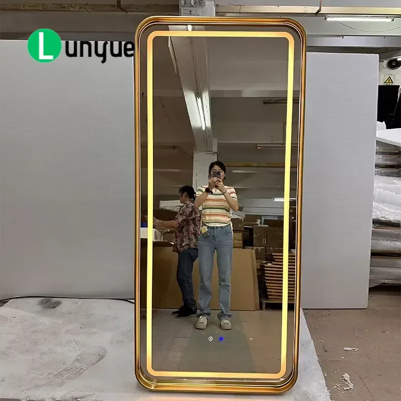Modern Gold Metal Iron LED Full Length Mirror Floor Standing with 3 Color Light Bluetooth Speaker for Bedroom Dressing Room