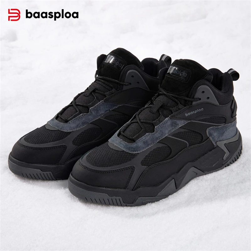 Baasploa New Men's Winter Warm Cotton Shoes Waterproof Non-Slip Casual Winter Men's Boots with Fleeces Thickened Walking Shoes