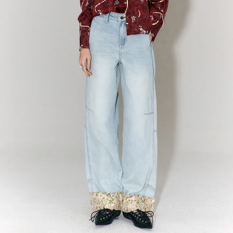 ELFSACK Women's Floral Patch Wide Leg Jeans Cigarette Pants Contrast Print Detail Casual Denim Blue