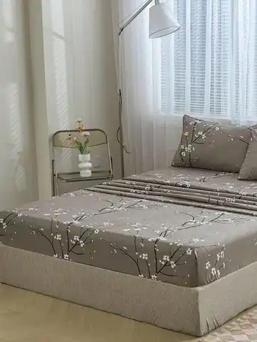 Gray Plum Blossom Fitted Sheet Set 3pcs Microfiber Breathable Bedding For Adult