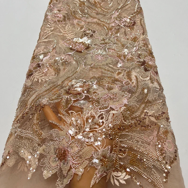French luxurious mesh fabric, high-quality African embroidered beaded sequins, Nigerian lace embroidered dress fabric