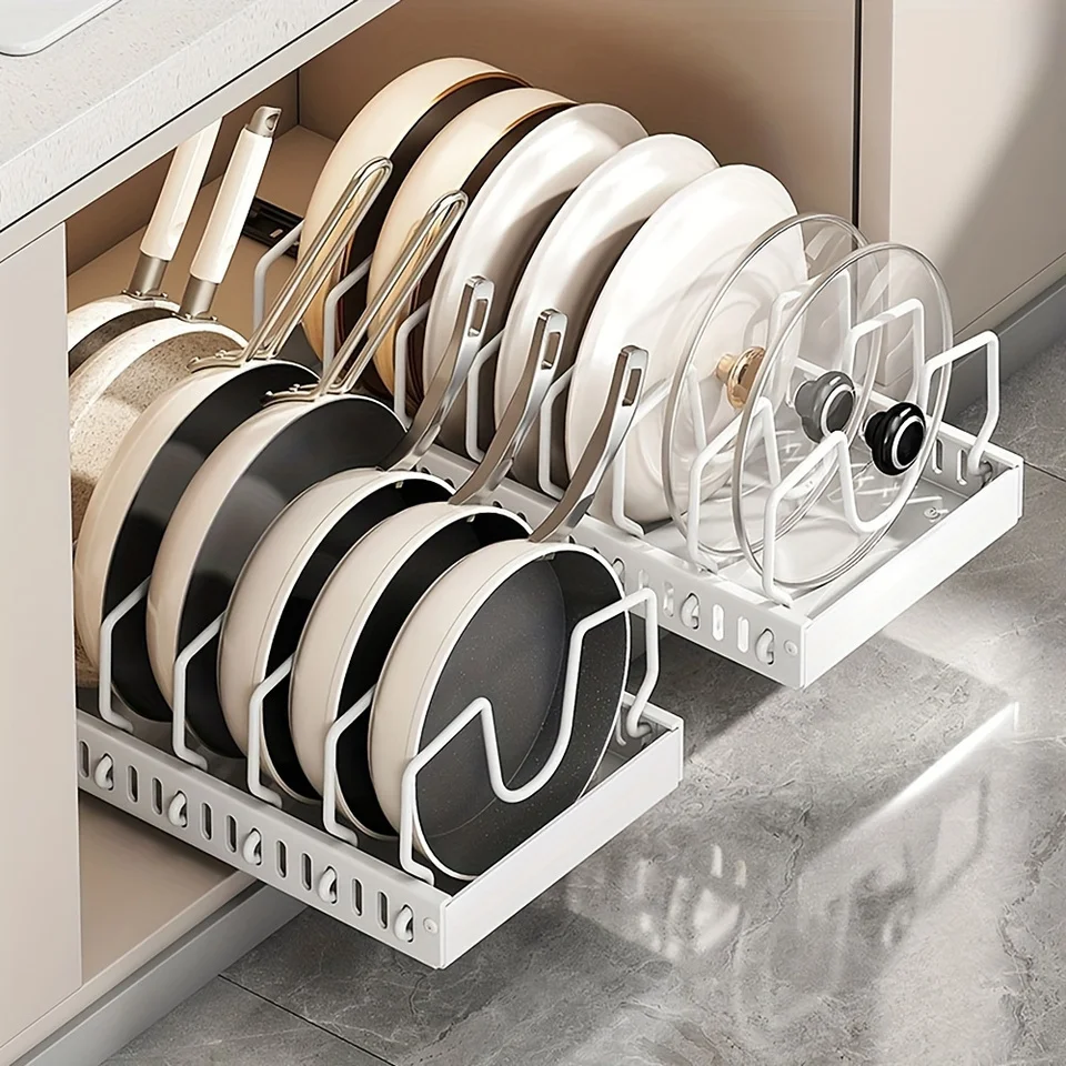 Space-Saving Kitchen Organizer - Multi-Tiered Pull-Out Pot & Pan Rack with Adjustable Dividers for Efficient Cooking and Dining