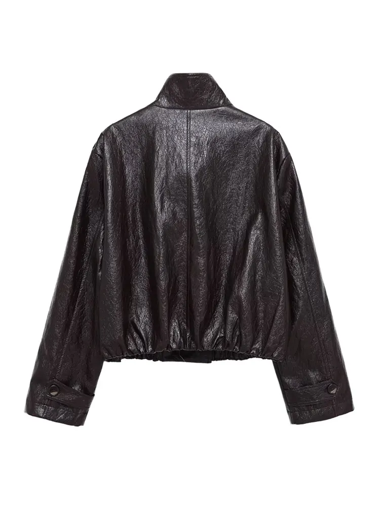 Women's Double Breasted Faux Leather Jacket Coat Long Sleeve Chic Top with Front Pockets Fashion Outerwear