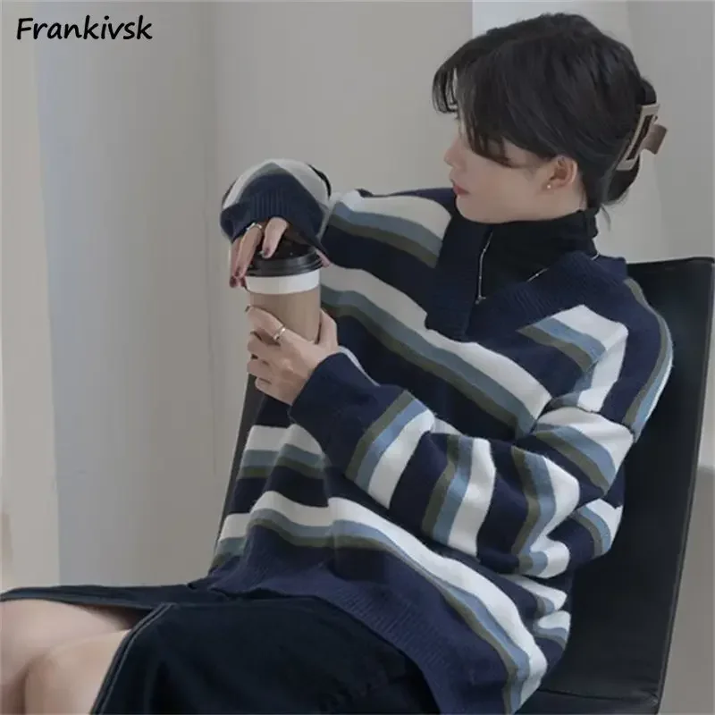 

Sweaters Women Striped Niche Elegant Cozy Retro Fashion Office Lady Gentle All-match Leisure Streetwear V-neck Stylish Simple
