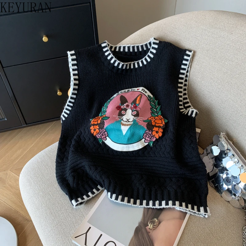 Cartoon Cat Embroidery Knitted Sweater Vest Women Ropa Mujer O-neck Sleeveless Tanks Fashion Casual Waistcoat Japanese Cute Tops