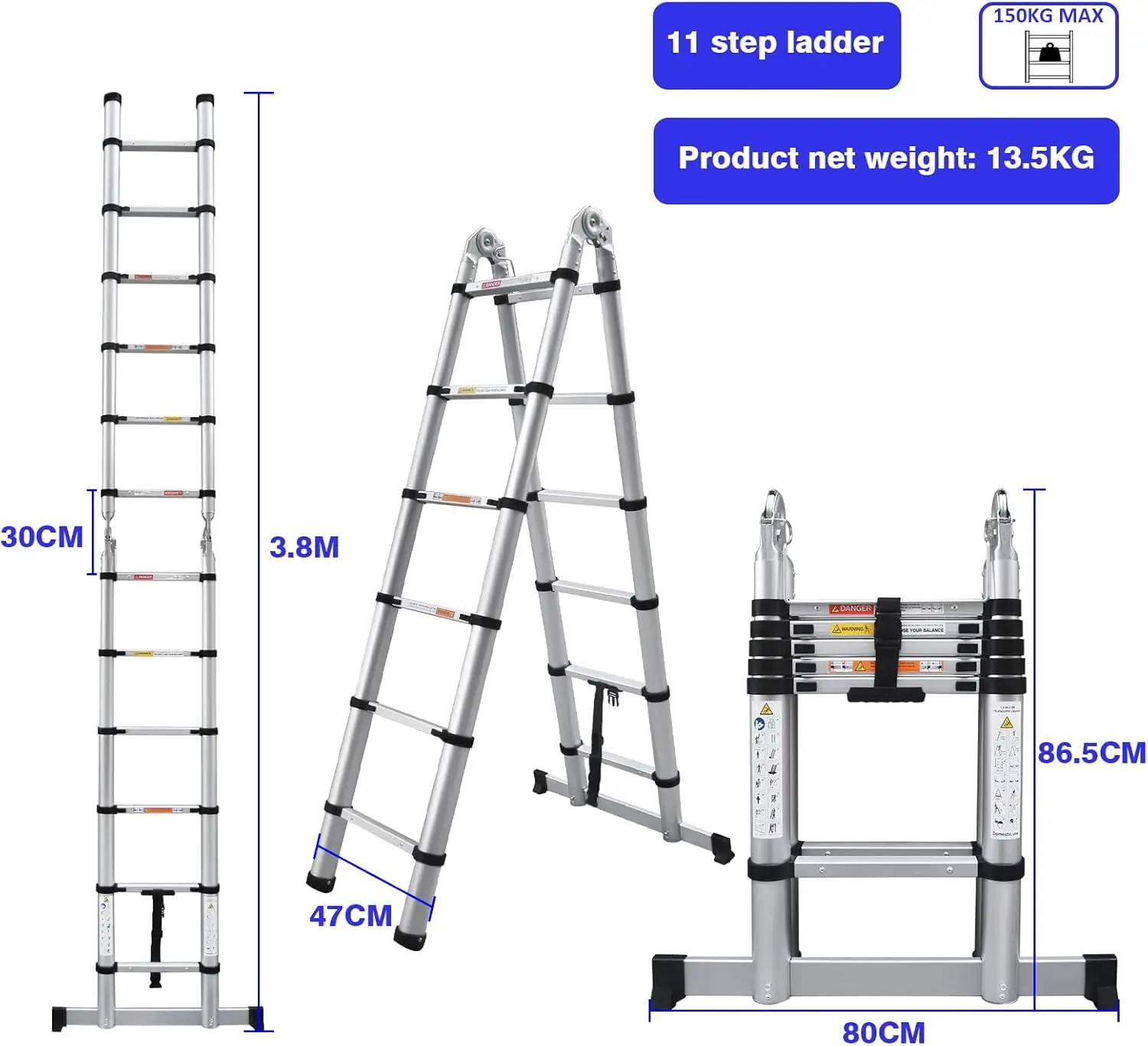 سلم تمديد تلسكوبي من الألومنيوم على شكل حرف A 2 في 1، محمول قابل للطي مع شريط تثبيت، 6+6 خطوات ارتفاع قابل للتعديل، ساخن