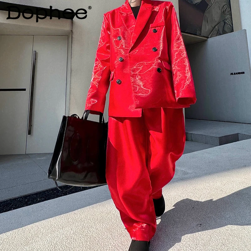 

Men's 2025 Spring Autumn New High-End 2pcs High Street Chic Two-piece Sets Glossy Suit Jackets Men's Fashion Wide-Leg Pants Sets