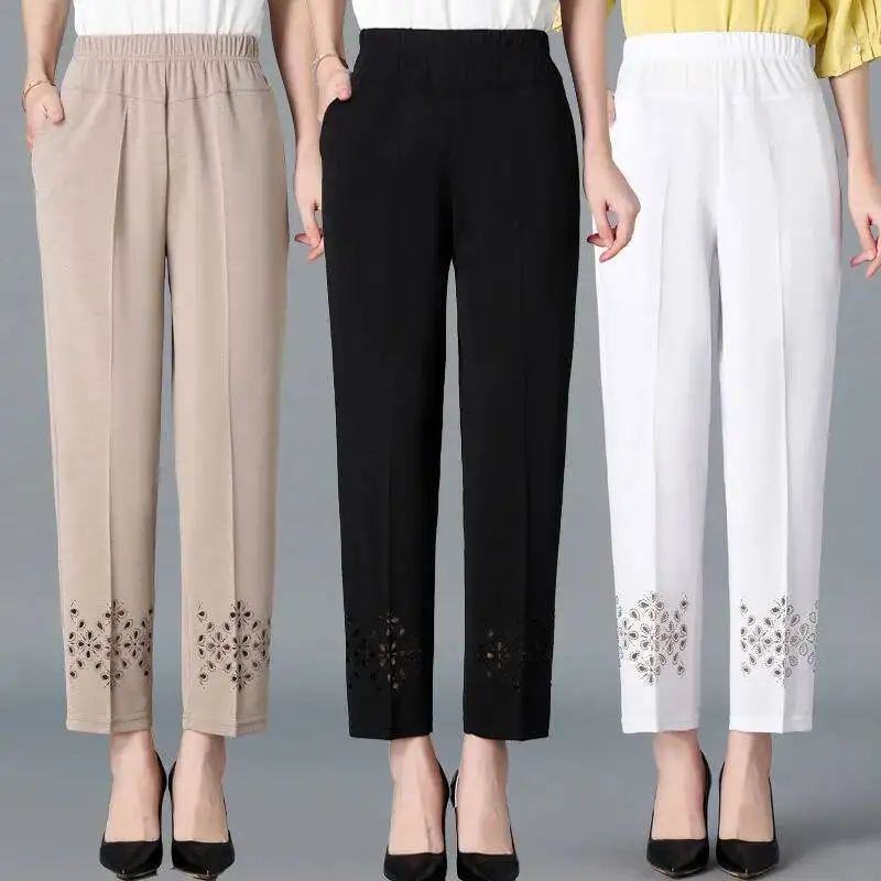 

2025 Spring Summer Cropped Pants For Women Hollow Out Pantalon Femme Casual Solid Color High Waist Straight Trousers