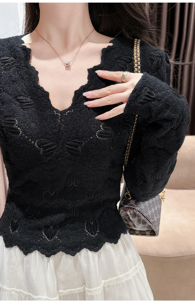 Camicetta in pizzo con scollo a V da donna 2025, top termico viola slim fit, camicia lingerie sexy taglio basso, top basic eleganti per l'autunno inverno