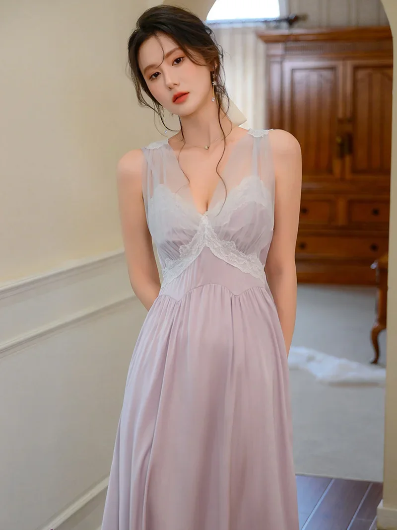 French Vintage Pajamas Night Wears Women Spring Autumn Silk Robe Nightgown Lace Pure Sexy Homewear Victorian Princess Sleepwear