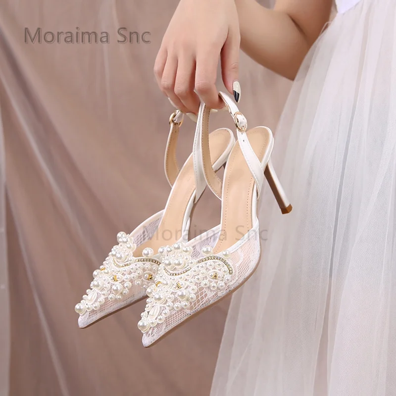 

Lace Pearl High Heels Stiletto Slingback Sandals for Women Sweet White Black Evening Bride Wedding Shoes Summer Baotou Shoes