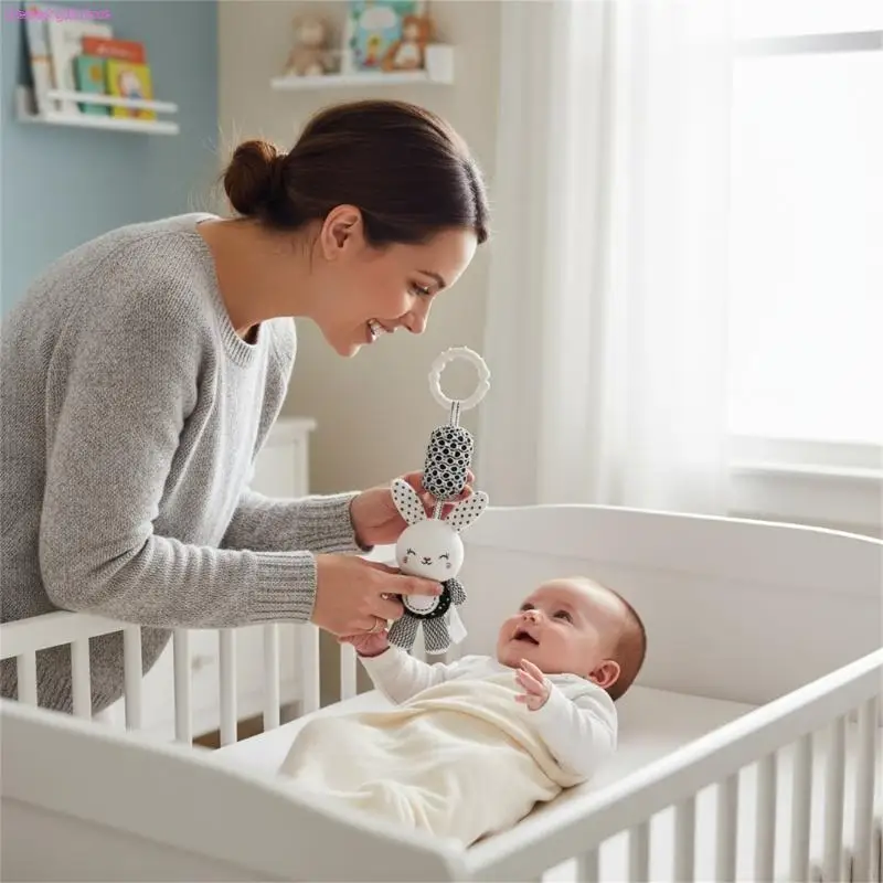 D0JC Gancio per culla per lo sviluppo infantile Nero Bianco Peluche Animale Stimolazione sensoriale uditiva Sonaglio per Decori