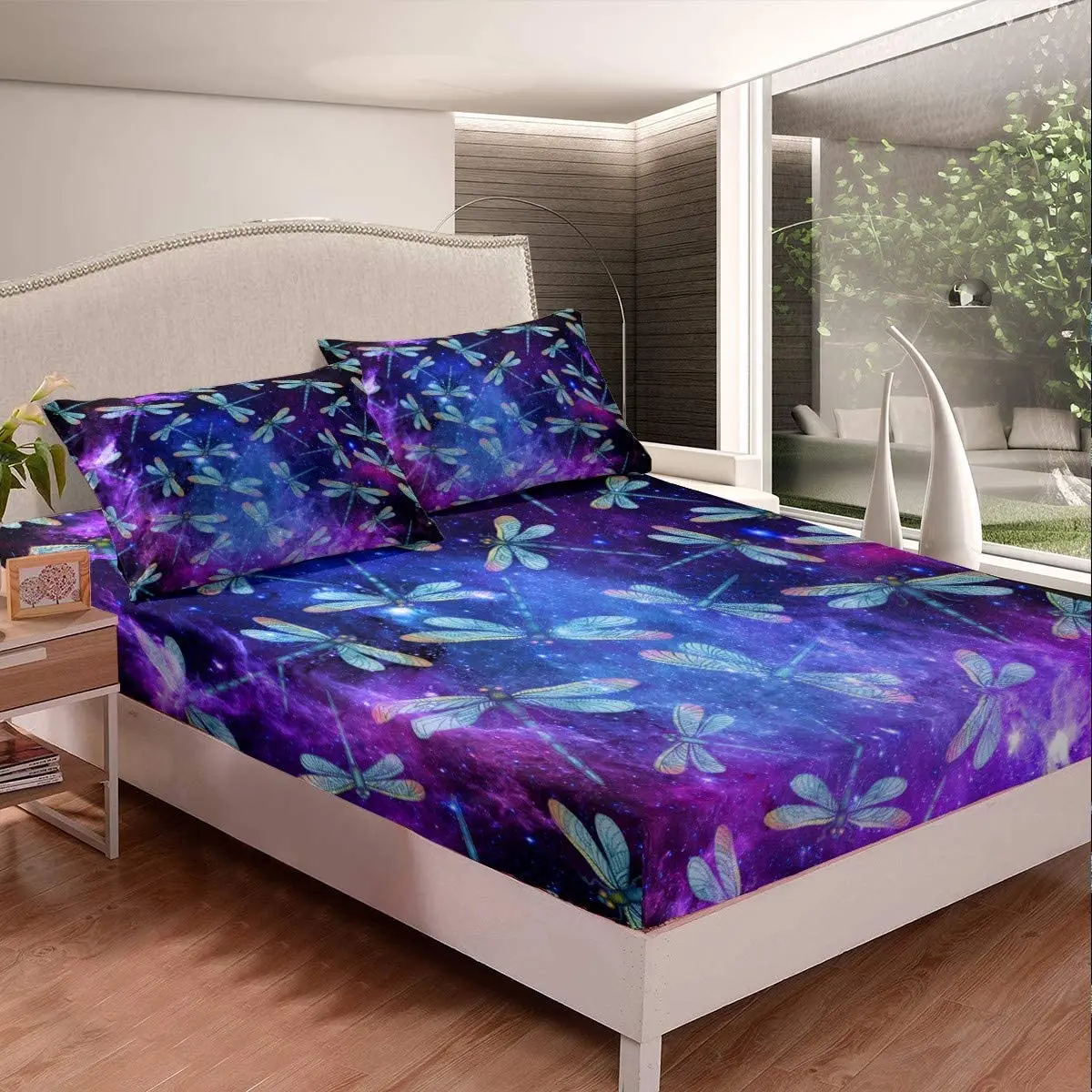 Dragonfly Fitted Sheet Animal Pattern Bedding Set for Boys Girls Children Purple Blue Galaxy Bed Sheet Set Room Decor Queen 3Pcs