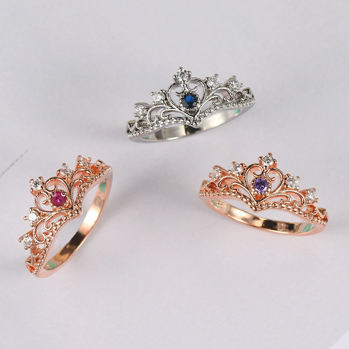 Double Fair Princess Crown Style Rings Women Luxury Hollow Out Rose White Gold Color Fashion Jewelry Gift For Female KBR212-M