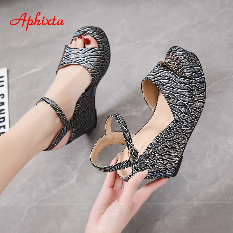 Aphixta 2022 New Platform Peep Toe Wedges Sandals Women Bling Super High Wedge Heels Shoes Height Increaming Beach Slides