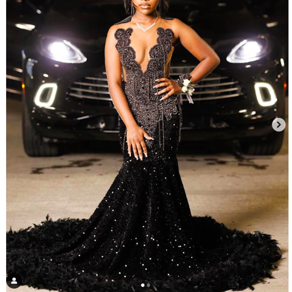 black prom dresses 2024 sweetheart neckline mermaid feather crystal shinning evening dresses