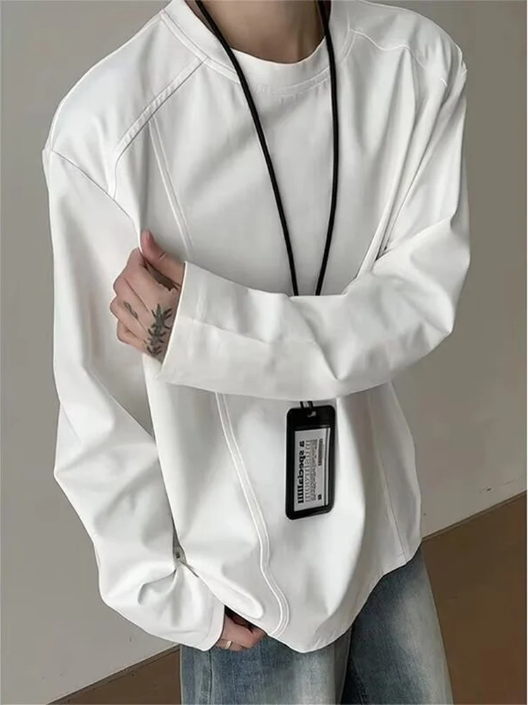 American Style Boxy Deconstructed Splice Shoulder Long Sleeve T-Shirt Men's Autumn CleanFit Small Collar Base Shirt
