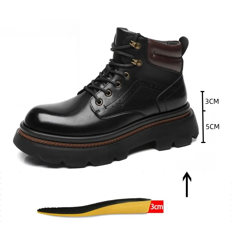 

Winter Faux Fur Lined Leather Ankle Boots - Thick Sole British Style Hidden Heel Motorcycle Boots for Men