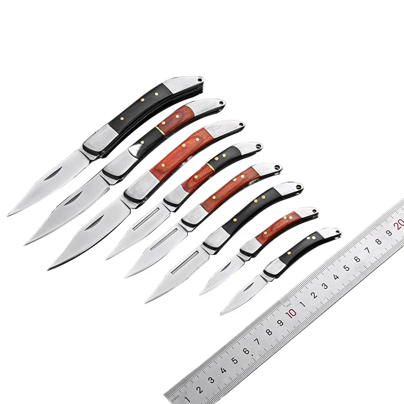 Aço inoxidável Sharp Folding Blade Knife com cabo de madeira, faca portátil, Fruit Peeling, acampamento ao ar livre, ferramentas de bolso para sobrevivência