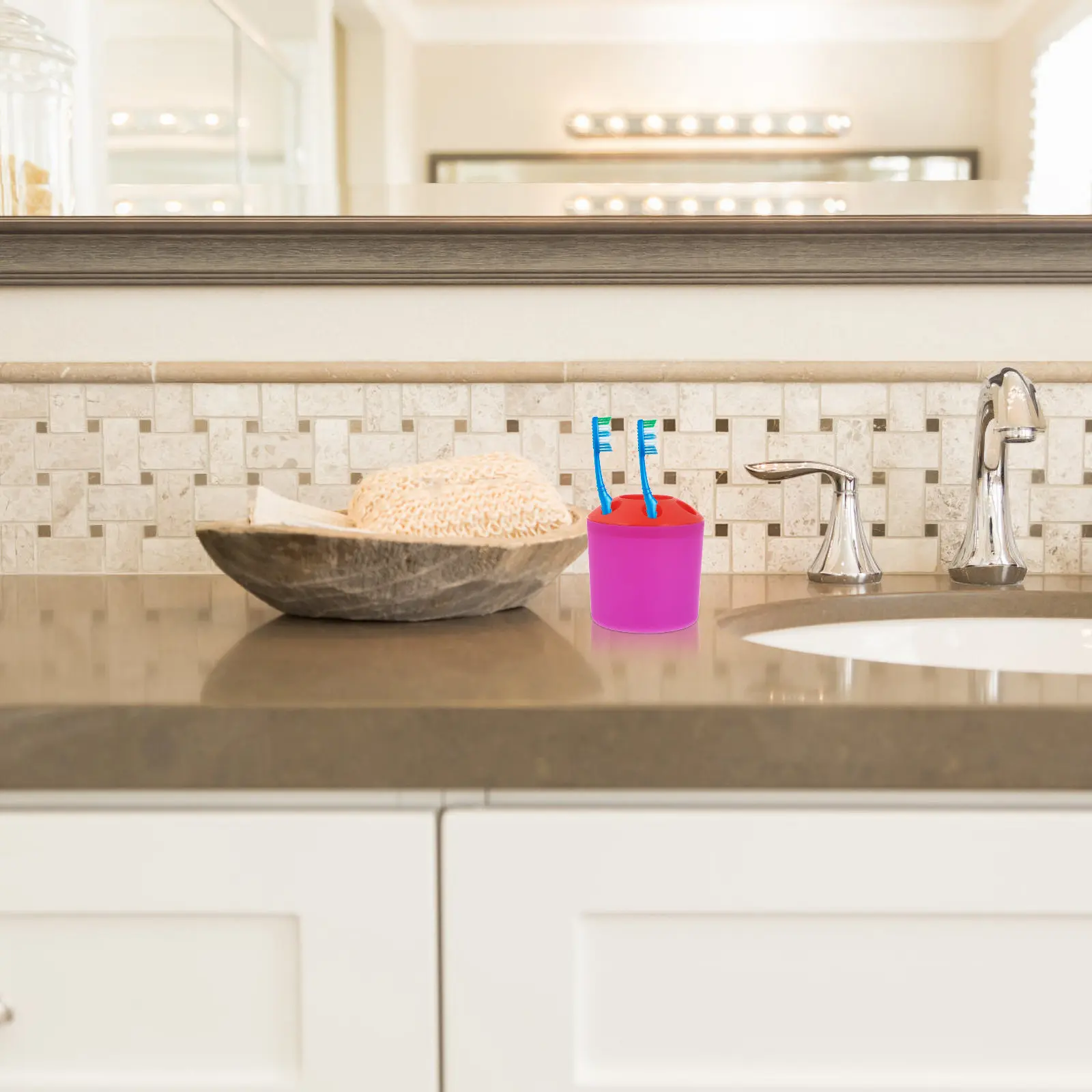 

Toothbrush Holder with Toothpaste Storage Space Saving Design for 4 Brushes Purple Base Modern Bathroom Counter Organizer Stand