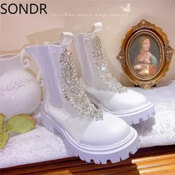 Womens Round Toe Mesh Rhinestones Crystal Ankle Boots Sandals Breathable Shoes White Girls X-mas Gift DIY Luxury