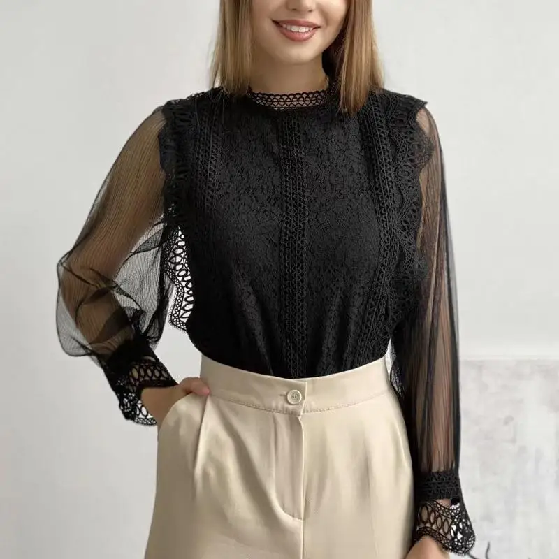 قميص نسائي بأكمام طويلة من الدانتيل الشبكي، بلوزة يانغلين بأسلوب عملي، أكمام منتفخة، مصنوع من ألياف البوليستر بلون واحد، ربيع...