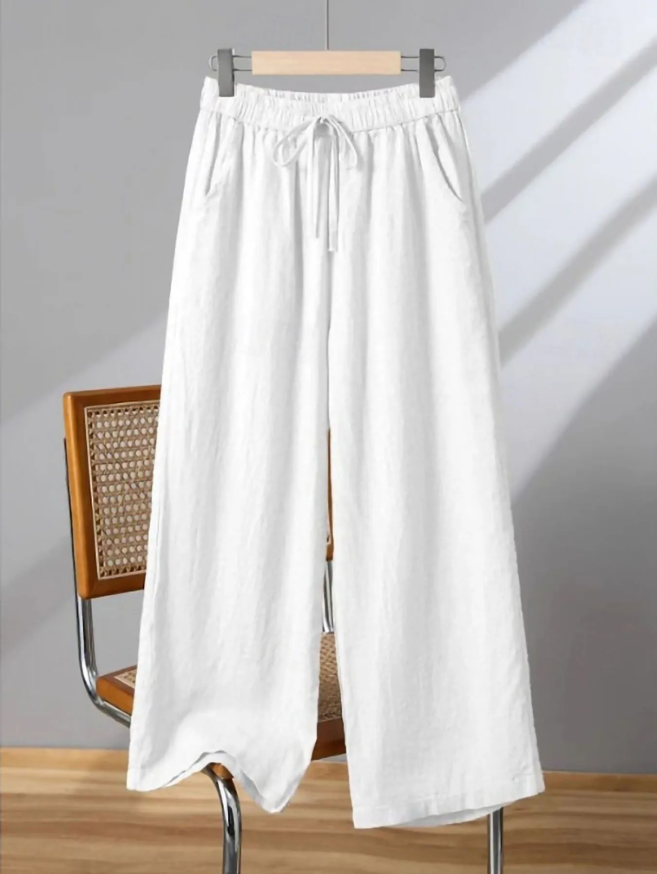 Celana Linen Wanita Pinggang Elastis - Celana Panjang Warna Solid Model Kaki Lebar, Celana Palazzo Longgar dan Bernapas