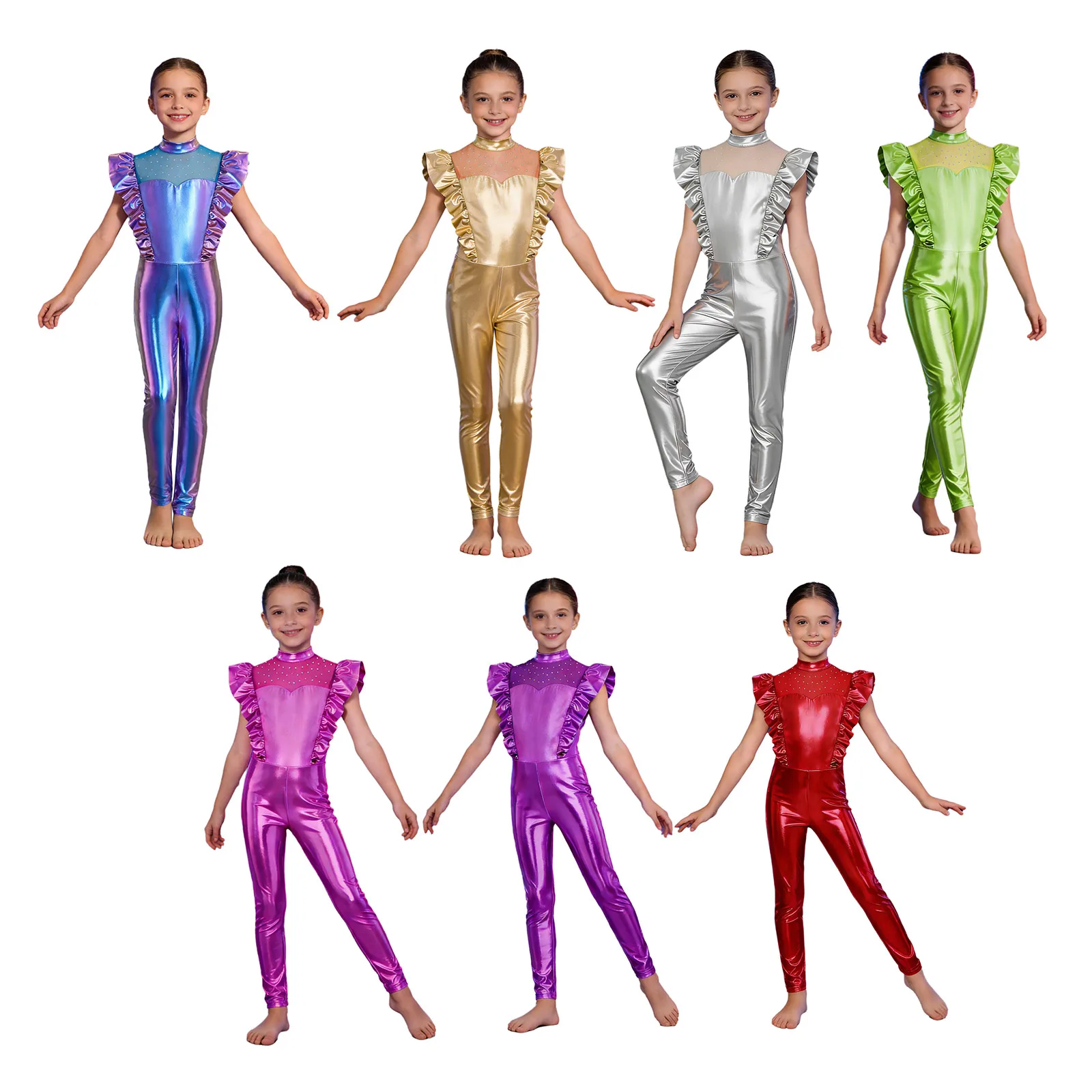 

Kid Girls Metallic Gloss Alien Costume Unitards Ballet Gymnastic Ruffled Sleeve Zip Jumpsuit Leotard for Them Party Performance
