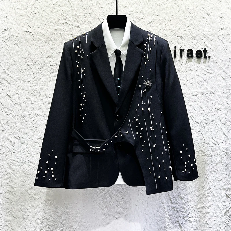 

Autumn Winter Heavy Industry Diamond Studded Nail Bead Splicing Suit Jacket for Men Trendy Casual Stage Performance Costumes
