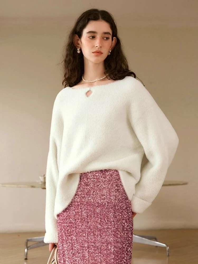 

OLrain French Pullover Sweaters for Woman 2025 Autumn Slash Collar Jumpers Fashion Casual Knitted Top Ladies Clothes O56DM86552