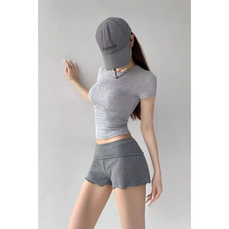 Sommer-Damen-Shorts mit Faltbarem Bund, Hautfreundliche, Bequeme Mini-Shorts, Lässige Skinny-Hose mit Rüschen am Saum – Detail 6