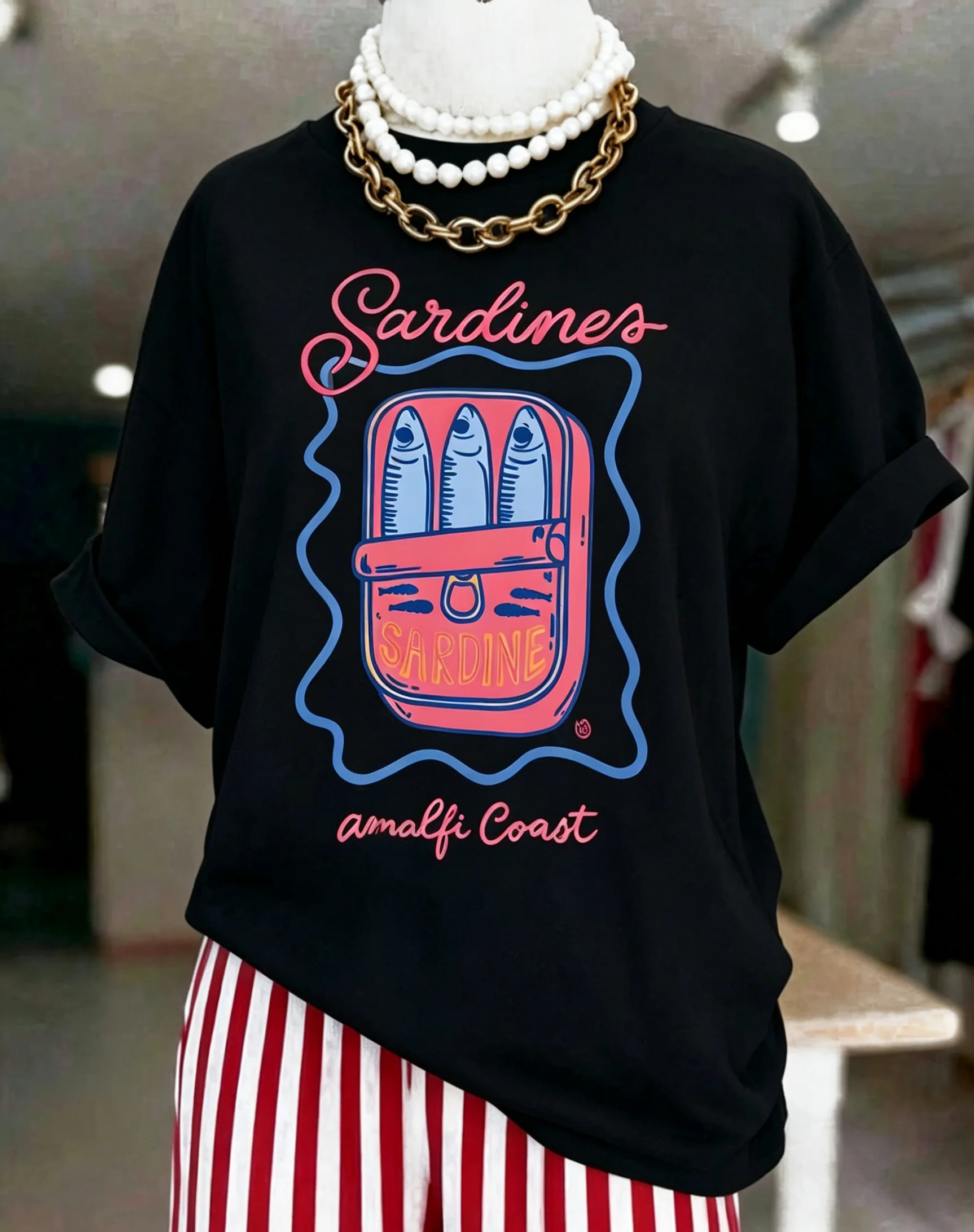 New Sardine Can Graphic Tee Cream Round Neck Loose Top Aesthetic Amalfi Coast Clothing for Women Men Summer Yacht Picnic Apparel