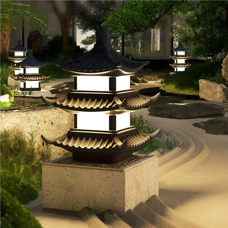 Chinese Style Pagoda Style Outdoor Waterproof Solar Column Headlight Landscape Light Courtyard Villa Lighting Decoration Lamp